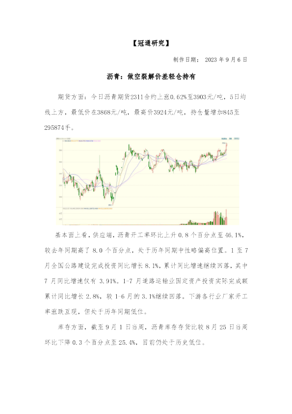 沥青：做空裂解价差轻仓持有
