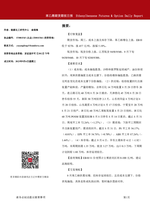 苯乙烯期货期权日报