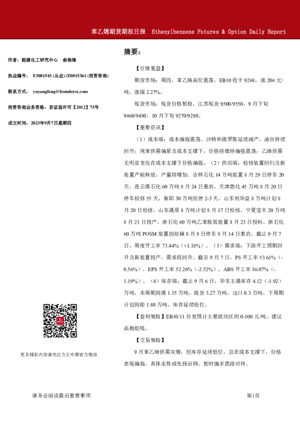 苯乙烯期货期权日报