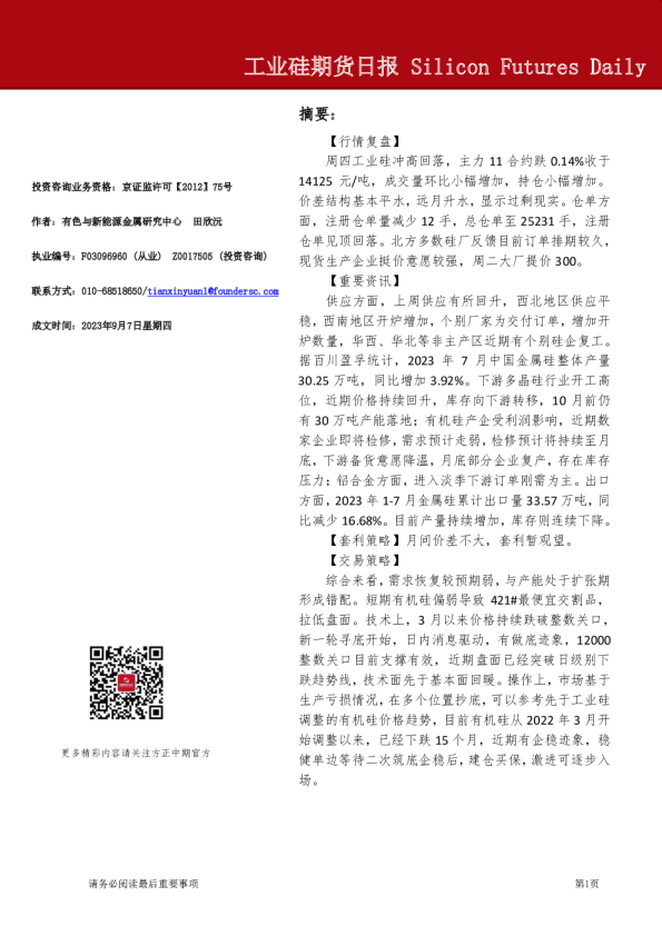 工业硅期货日报