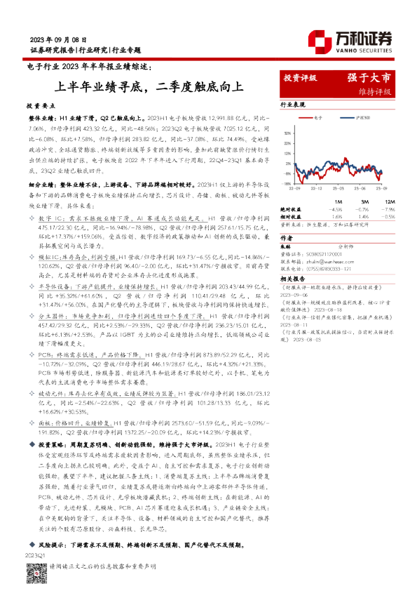 电子行业2023年半年报业绩综述：上半年业绩寻底，二季度触底向上