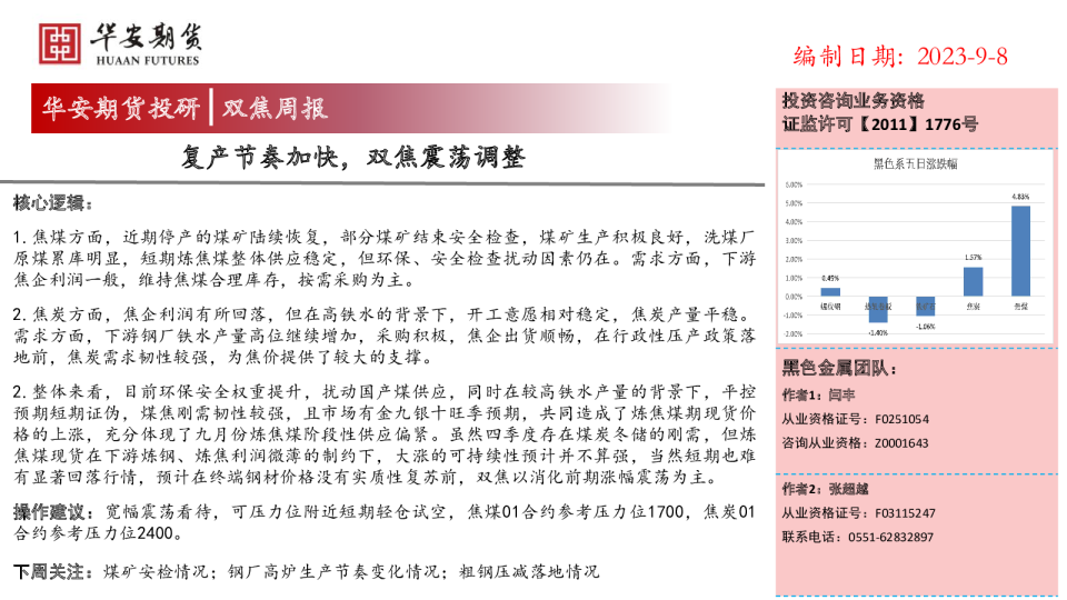 双焦周报：复产节奏加快，双焦震荡调整