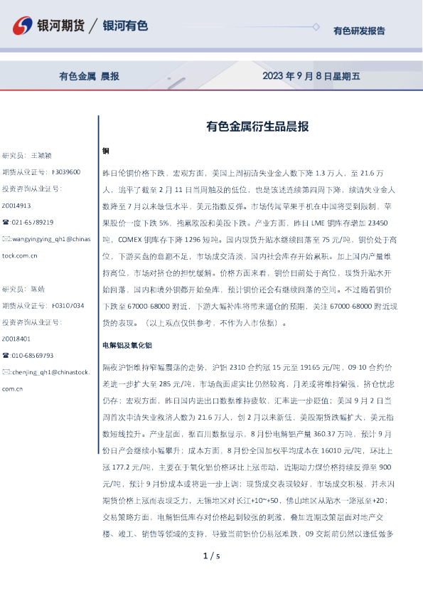 有色金属衍生品晨报