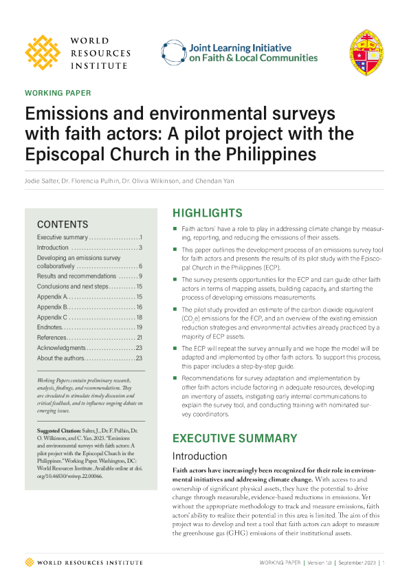 与信仰演员的排放和环境调查 ： 菲律宾主教教堂的试点项目
