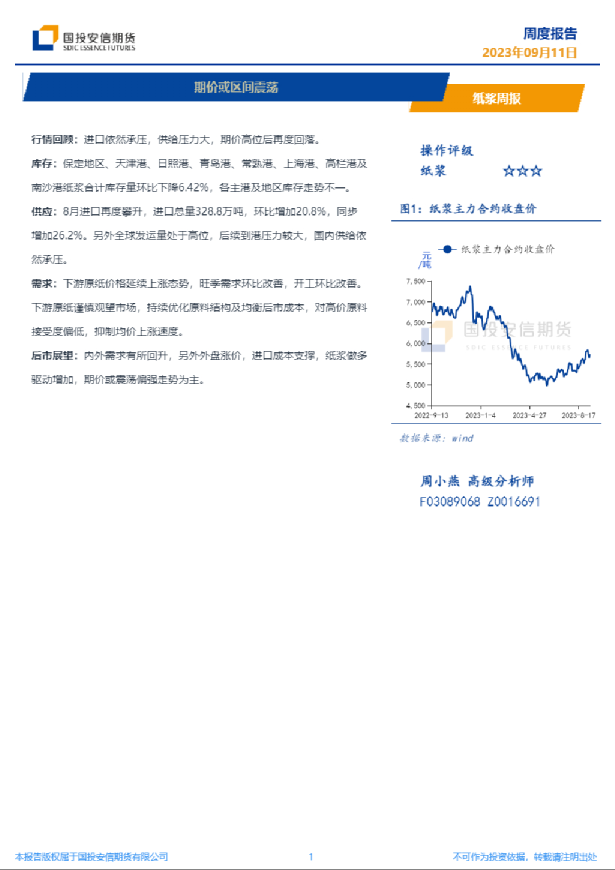 纸浆周报：期价或区间震荡