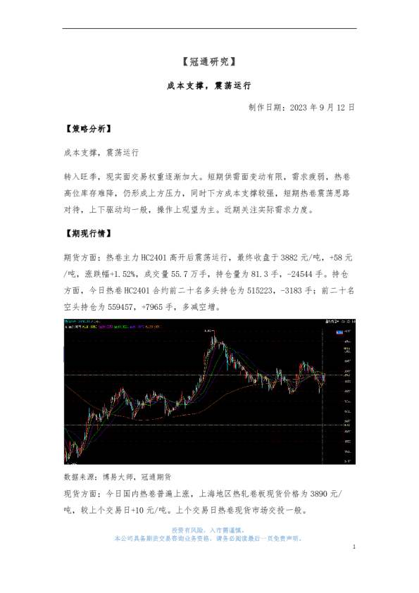 成本支撑，震荡运行