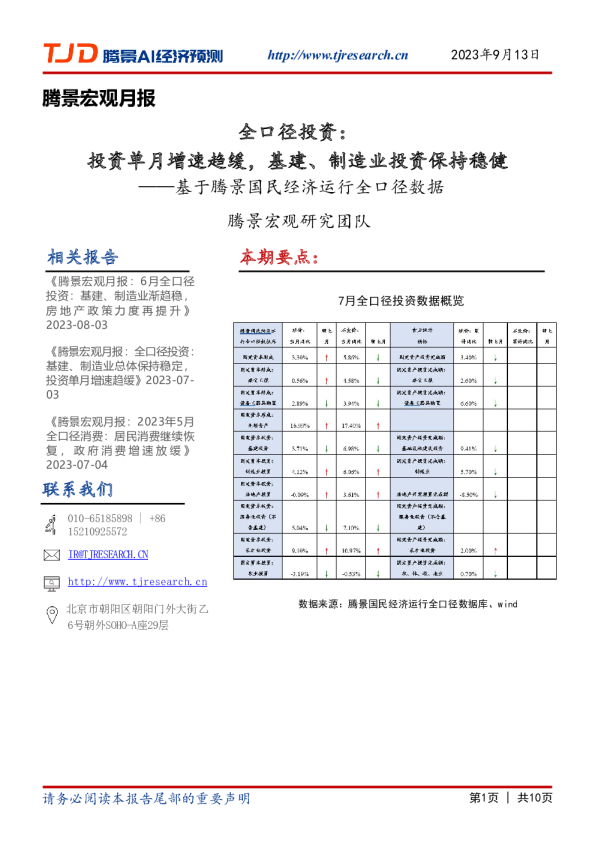 宏观月报：全口径投资：投资单月增速趋缓，基建、制造业投资保持稳健