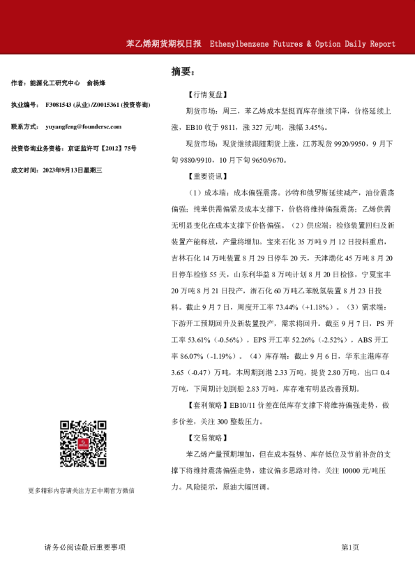 苯乙烯期货期权日报