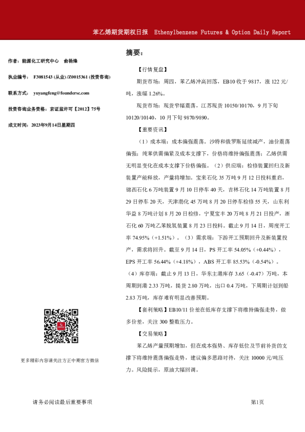 苯乙烯期货期权日报