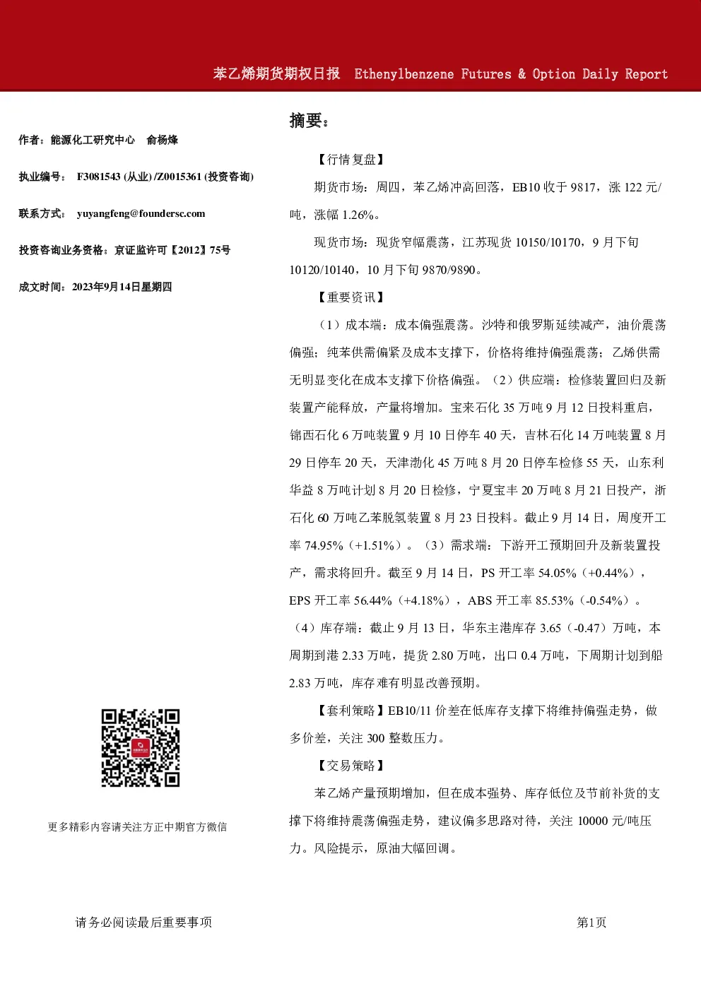 苯乙烯期货期权日报