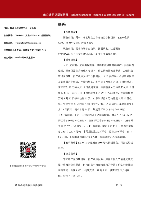 苯乙烯期货期权日报