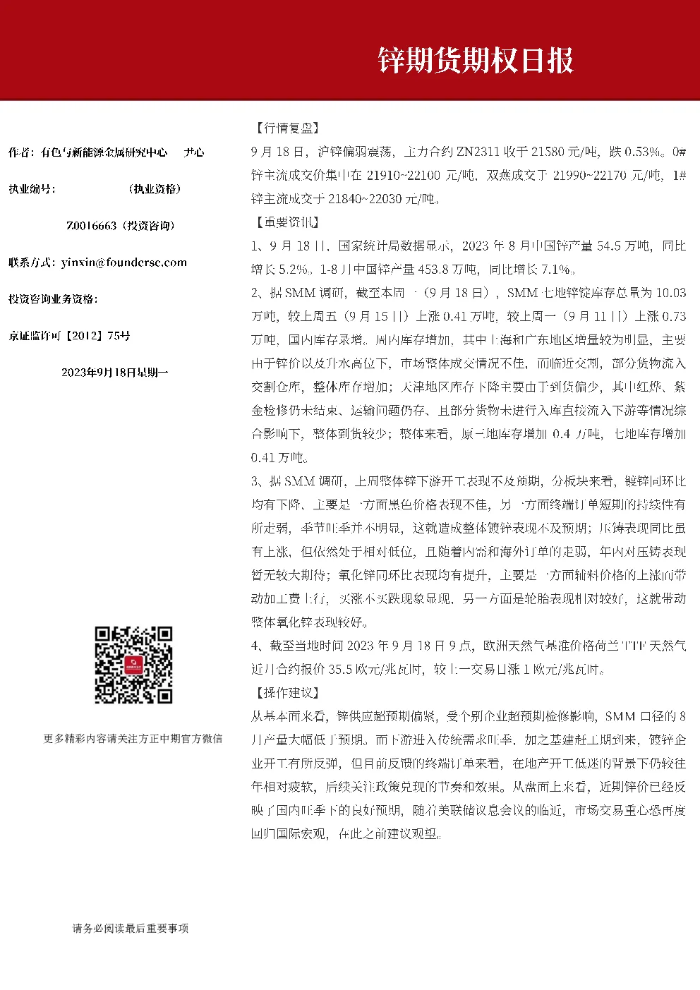 锌期货期权日报
