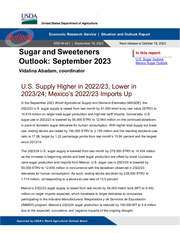 USDA 糖和甜味剂展望 2023.9. 18
