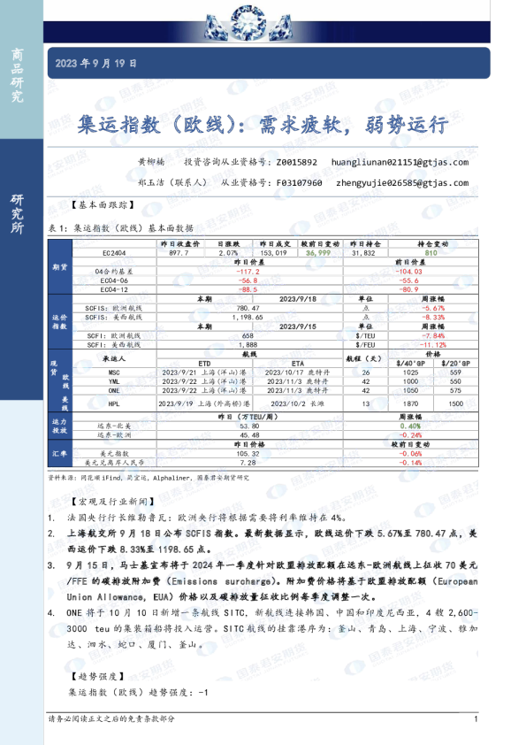 集运指数(欧线):需求疲软,弱势运行