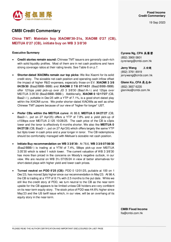 中国 TMT ： 维持买入小米 '30 - 31 ， 小米 0' 27 （ CB ） ， 美超 0 '27 （ CB ） ， 在 WB 3 3 ／ 8' 30 启动买入