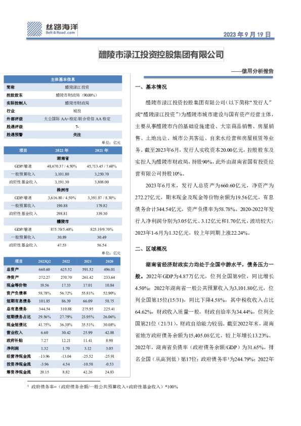 信用分析报告：醴陵市渌江投资控股集团有限公司