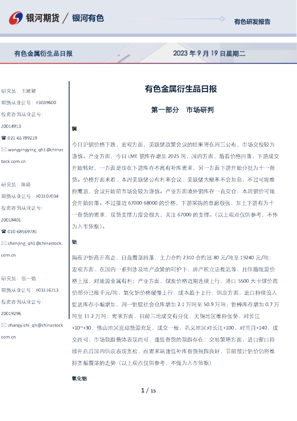 有色金属衍生品日报