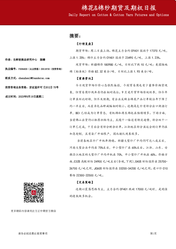 棉花、棉纱期货及期权日报