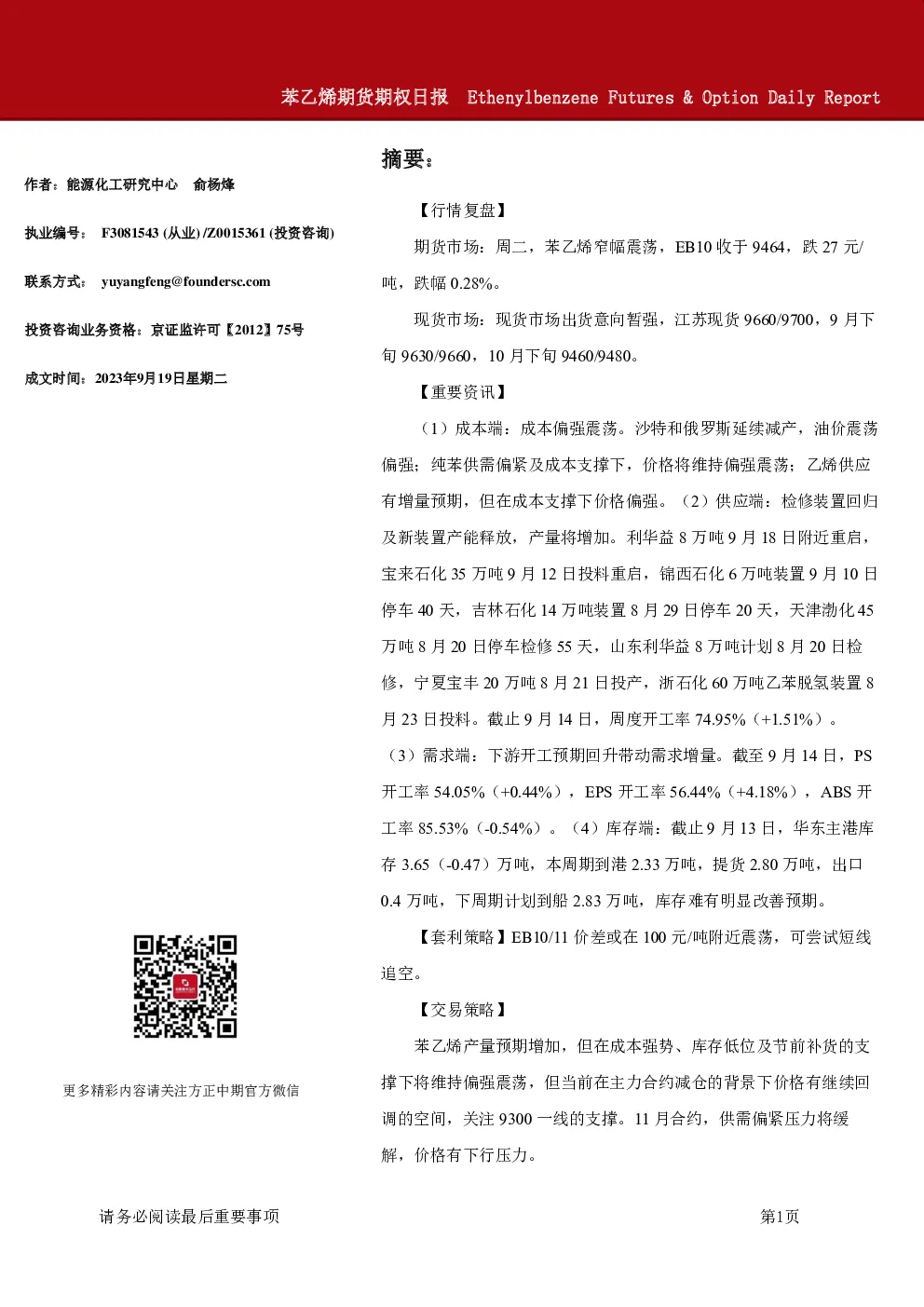 苯乙烯期货期权日报