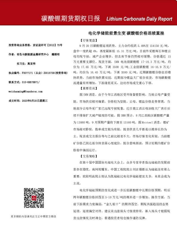 碳酸锂期货期权日报：电化学储能前景生变 碳酸锂价格连续重挫