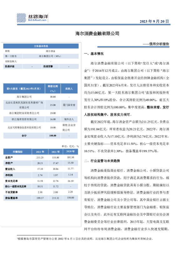 信用分析报告：海尔消费金融有限公司
