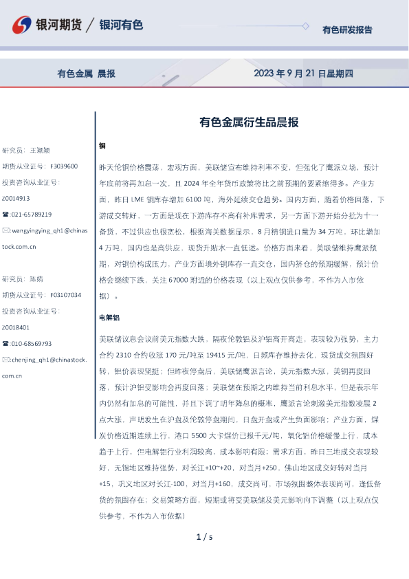 有色金属衍生品晨报