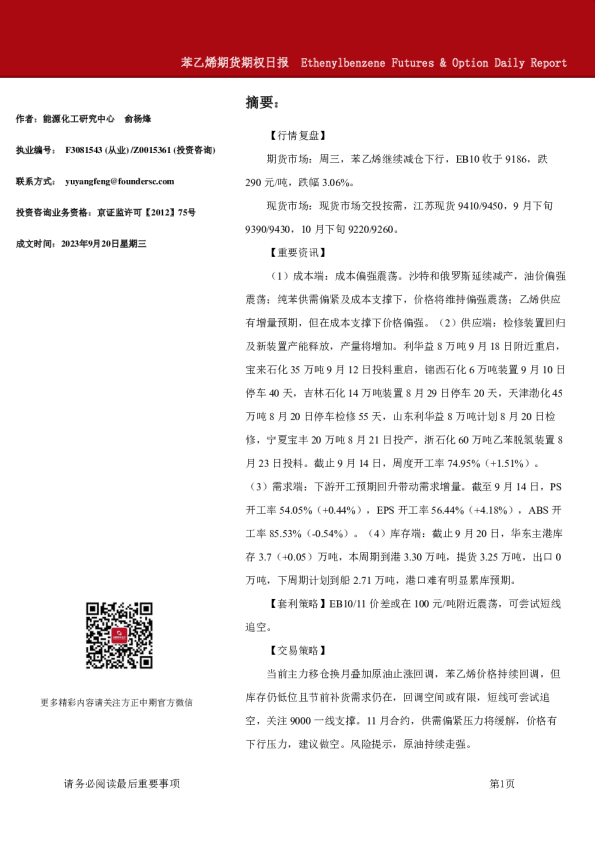 苯乙烯期货期权日报