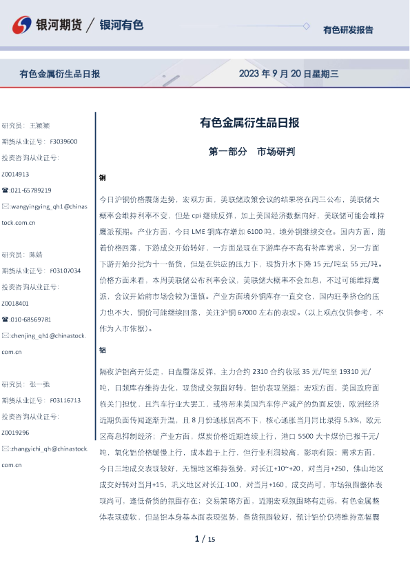 有色金属衍生品日报