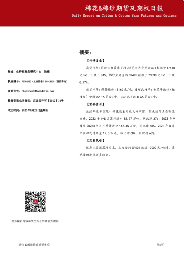 棉花&棉纱期货及期权日报