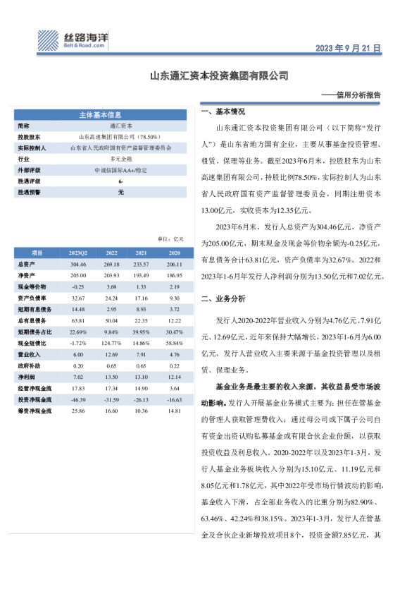 信用分析报告：山东通汇资本投资集团有限公司