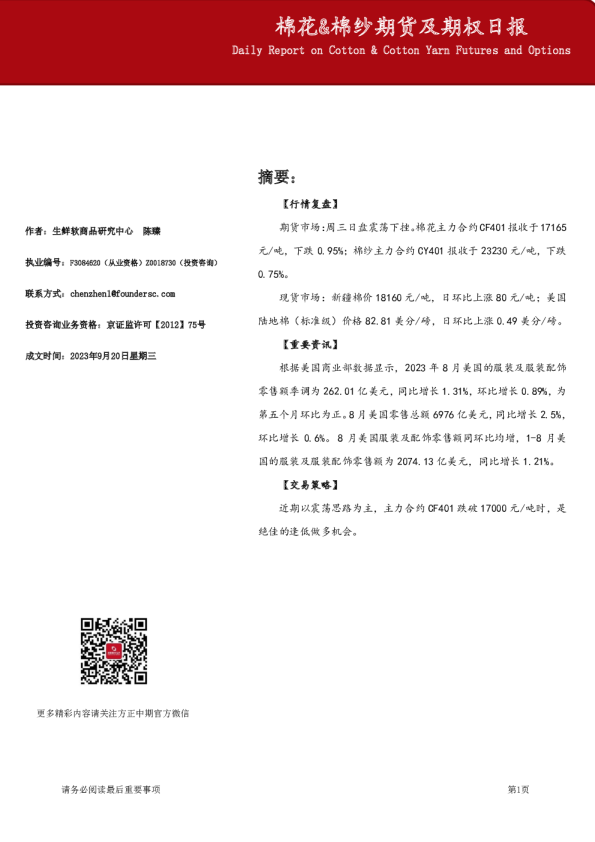 棉花、棉纱期货及期权日报