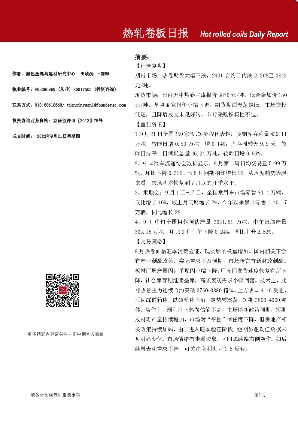 方正中期期货：热轧卷板日报