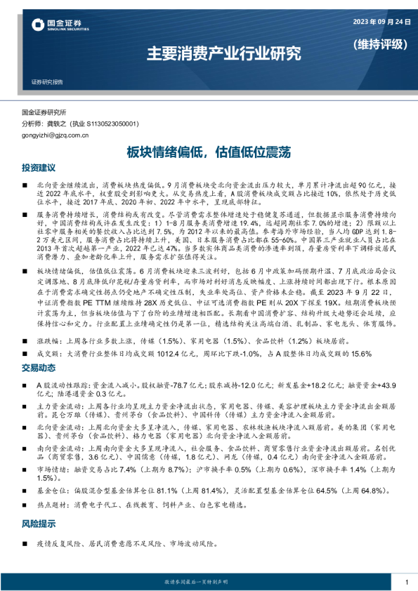 板块情绪偏低，估值低位震荡