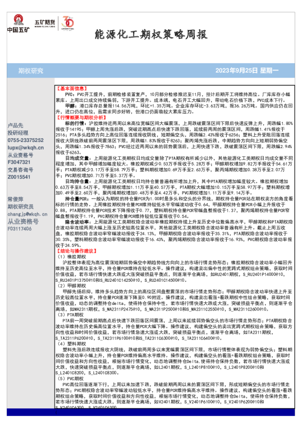 能源化工期权策略周报