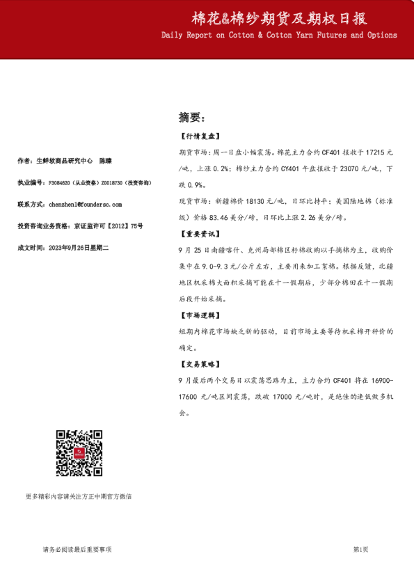 棉花&棉纱期货及期权日报