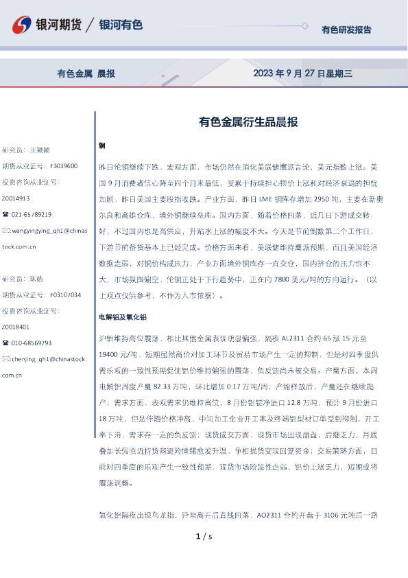 有色金属衍生品晨报
