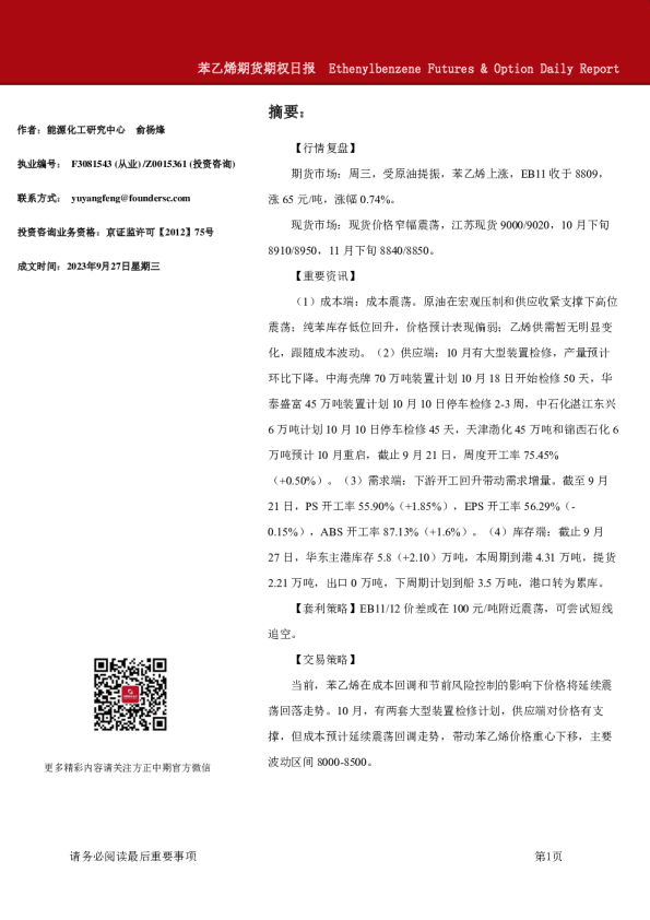 苯乙烯期货期权日报