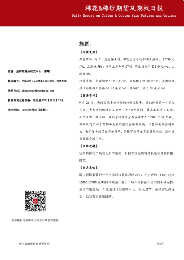 棉花&棉纱期货及期权日报