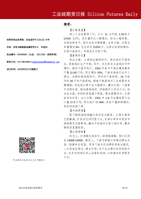 工业硅期货日报