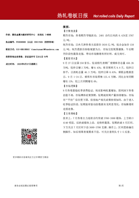 热轧卷板日报