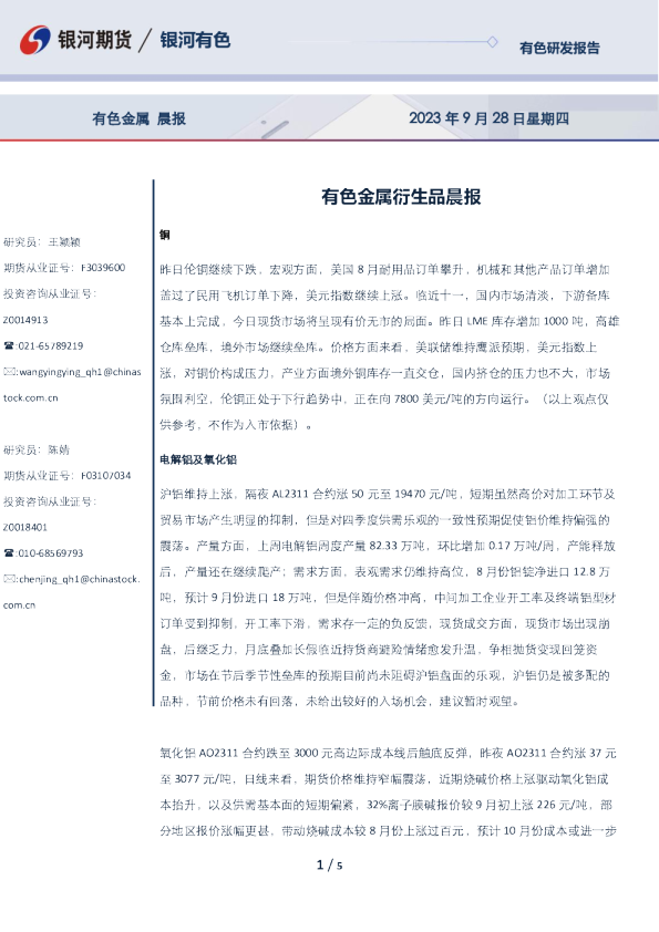 有色金属衍生品晨报