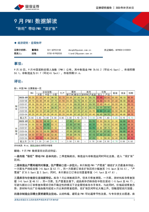 9月PMI数据解读:“秋旺”带动PMI“双扩张”