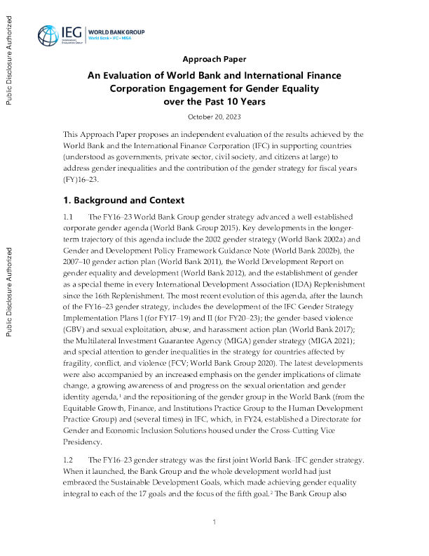 世界银行和国际金融公司过去10年参与两性平等情况评估：方法文件