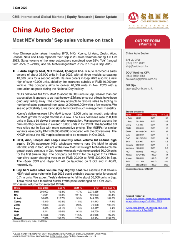 中国汽车行业 - 大多数新能源汽车品牌的 9 月销量步入正轨