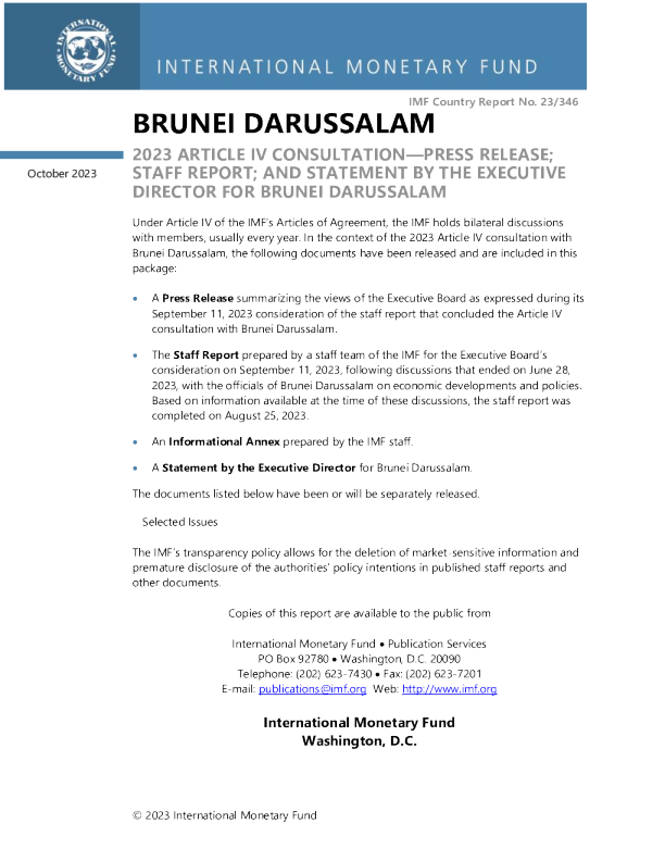 文莱达鲁萨兰国 ： 2023 年第四条磋商新闻稿 ； 工作人员报告 ； 文莱达鲁萨兰国执行主任的声明