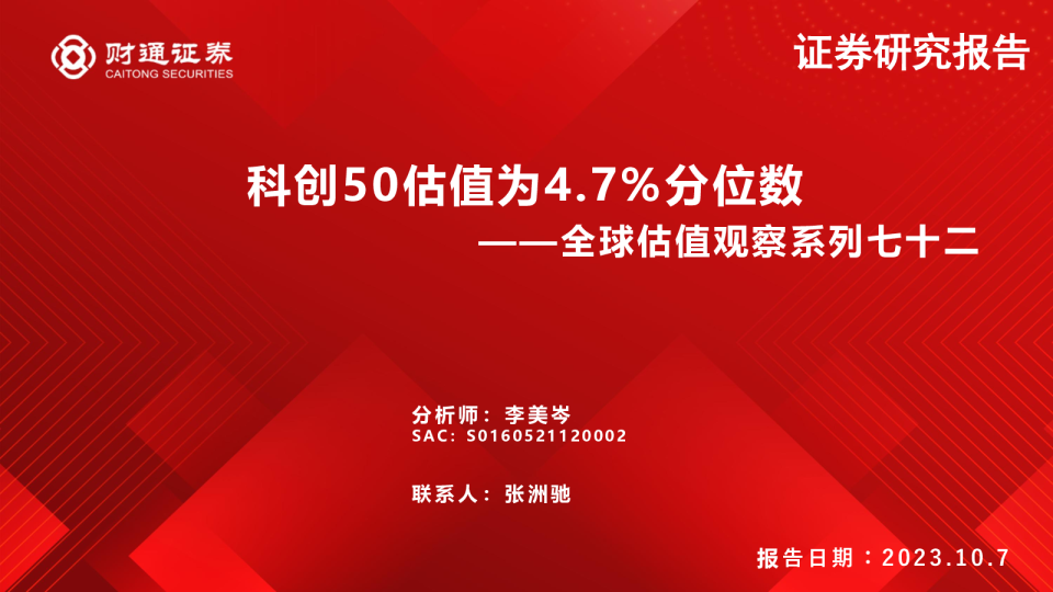 全球估值观察系列七十二：科创50估值为4.7%分位数