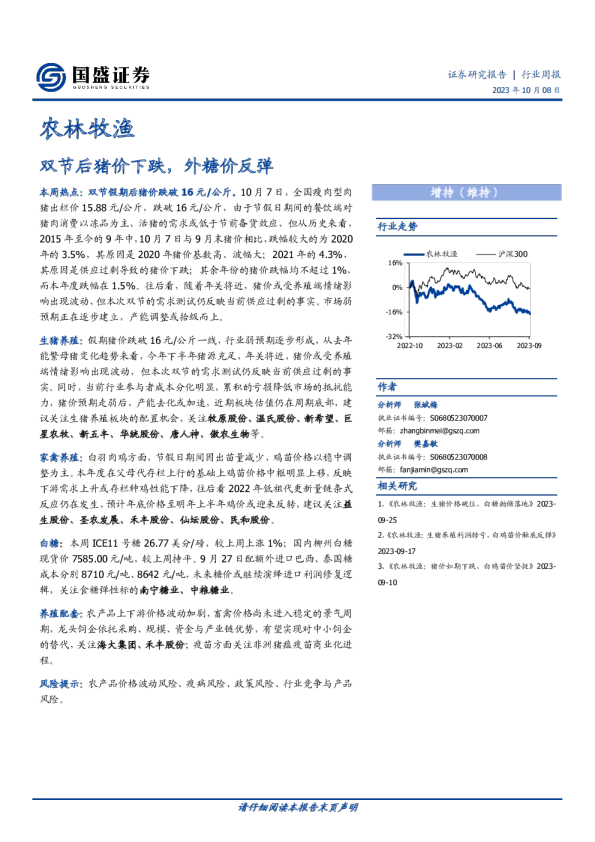 双节后猪价下跌，外糖价反弹