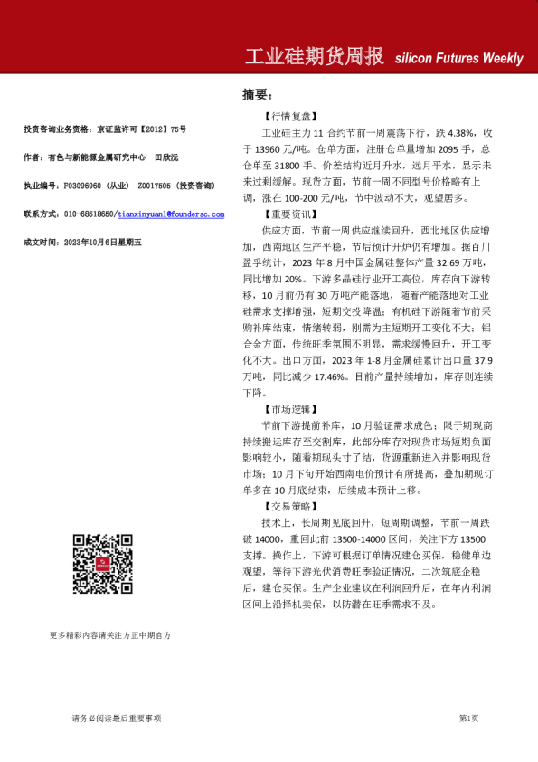 工业硅期货周报