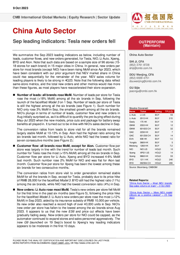 中国汽车行业 - 9 月领先指标 ： 特斯拉新订单下降