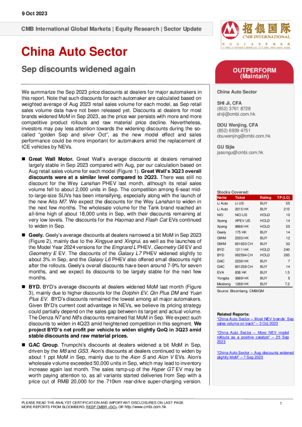 中国汽车行业 - 9 月折扣再次扩大